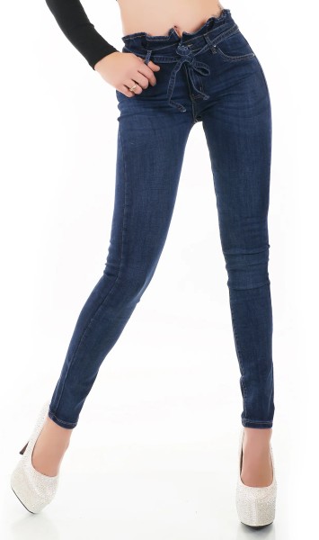 Basic Röhren Jeans mit Paperbag-Bund und Gürtel