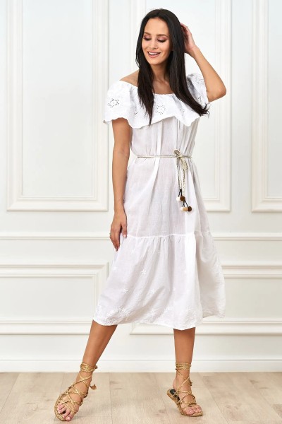 Midi-Kleid im Off Shoulder-Style mit breiter Volant-Borte und Gürtel