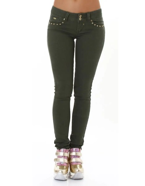 Coloured Röhren Skinny Hüft Jeans mit Deko Nieten und Push up-Effekt