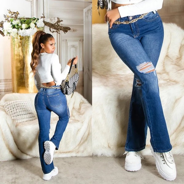High Waist Bootcut Cotton Jeans Hose im Used Destroyed Look mit Löcher Ripped