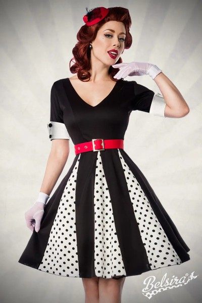 Retro-Godet-Kleid mit V-Ausschnitt und Dots