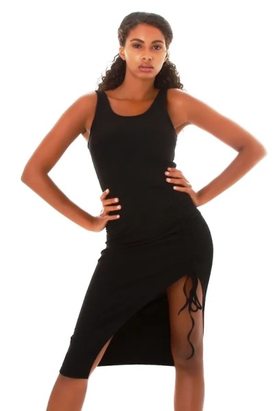 Uni Midi Feinripp Kleid mit sexy Kordelzug Bein-Ausschnitt