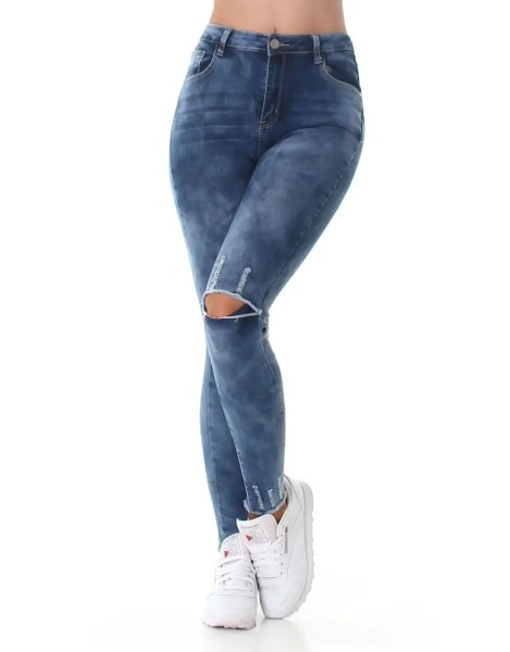 High Waist Röhre Jeans Bleached Knie-Schlitz Destroyed Risse