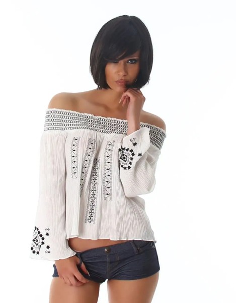 Boho Crinkle Blusen Shirt im Off Shoulder-Style mit Deko Stickerei