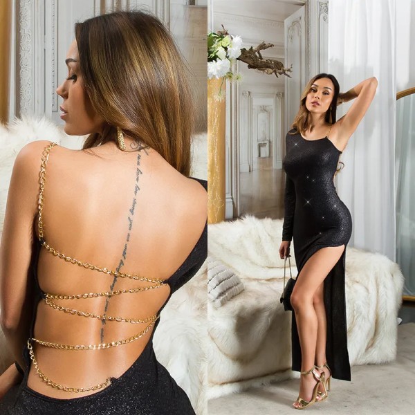 One Shoulder Maxi Abendkleid Maxikleid Asymmetrisch Cocktailkleid Kettenträger Kleid Rückenfrei mit Glitter Glitzer