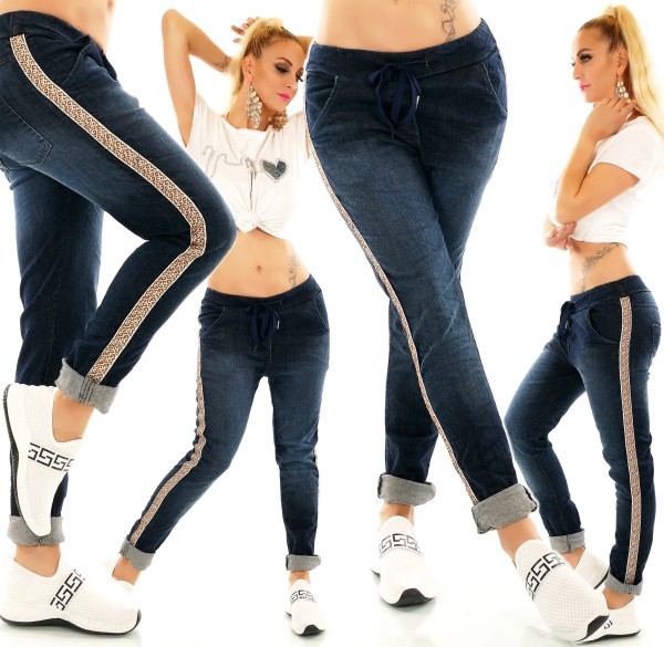 Sportliche Jeans Look Denim Hose mit Seitenstreifen