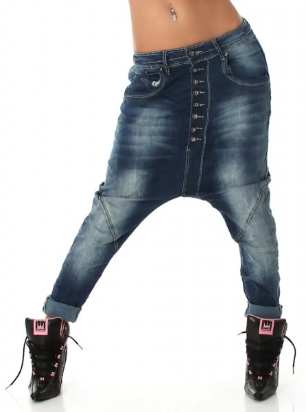 Bleached Extreme Harem Jeans mit Deko Kontrast Nähte und langer Knopfleiste