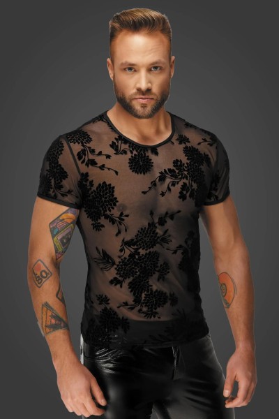 Herren Flower Flock T-Shirt H073 transparent mit Blumenmotiv von Noir Men