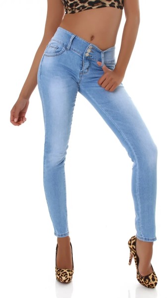 Skinny Röhren Hüft Jeans mit breitem Bund und Deko Schleife