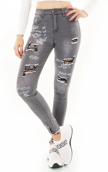 Mid Waist Skinny Jeans im Destroyed-Look mit Print