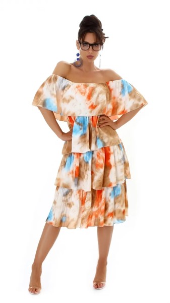 Batik Off Shoulder Midi Sommer Kleid mit Stufen-Volant