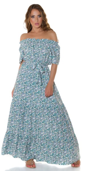 Off Shoulder Flower Printed Maxi Kurzarm Kleid mit Gürtel