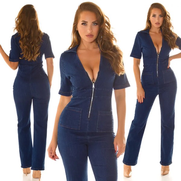 Cotton Denim Jeans Damen Maxi Overall Kurzarm Jumpsuit Bootcut mit V-Ausschnitt und Zipper