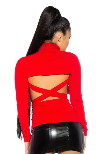 Hot Rollkragen Rippstrick Pullover mit sexy Rücken-Partie und Schnürung