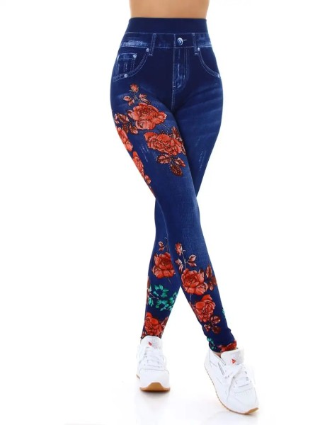 High Waist Jeans Look Leggings mit Flower-Print und Strass