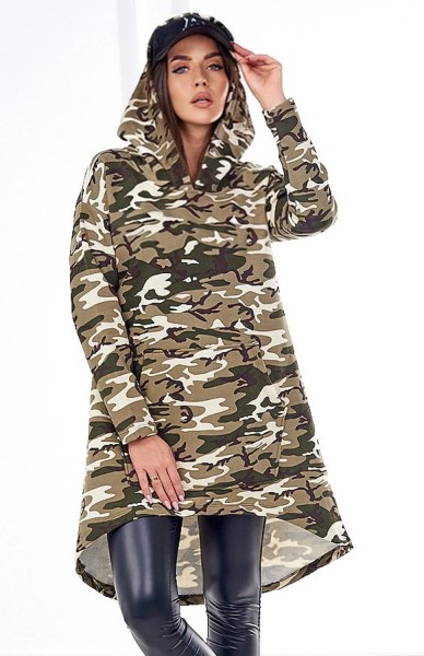 Camouflage Kapuzenpullover lang Freizeitkleid Minikleid Hoddie Sweatkleid