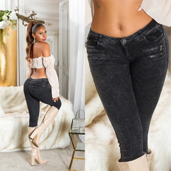 Skinny Fit Damen Jeans Stretch Hose Hüfthose mit Zip