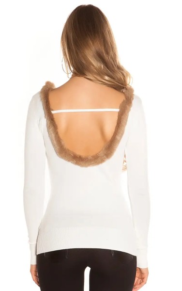 Feinstrick-Pullover mit Kunstfell mit Sexy Rückenausschnitt