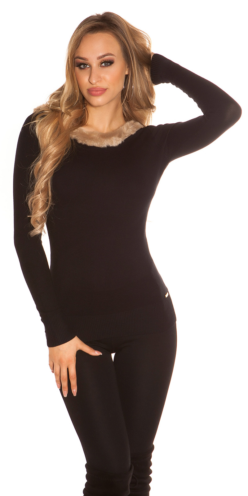 Feinstrick-Pullover mit Kunstfell mit Sexy Rückenausschnitt