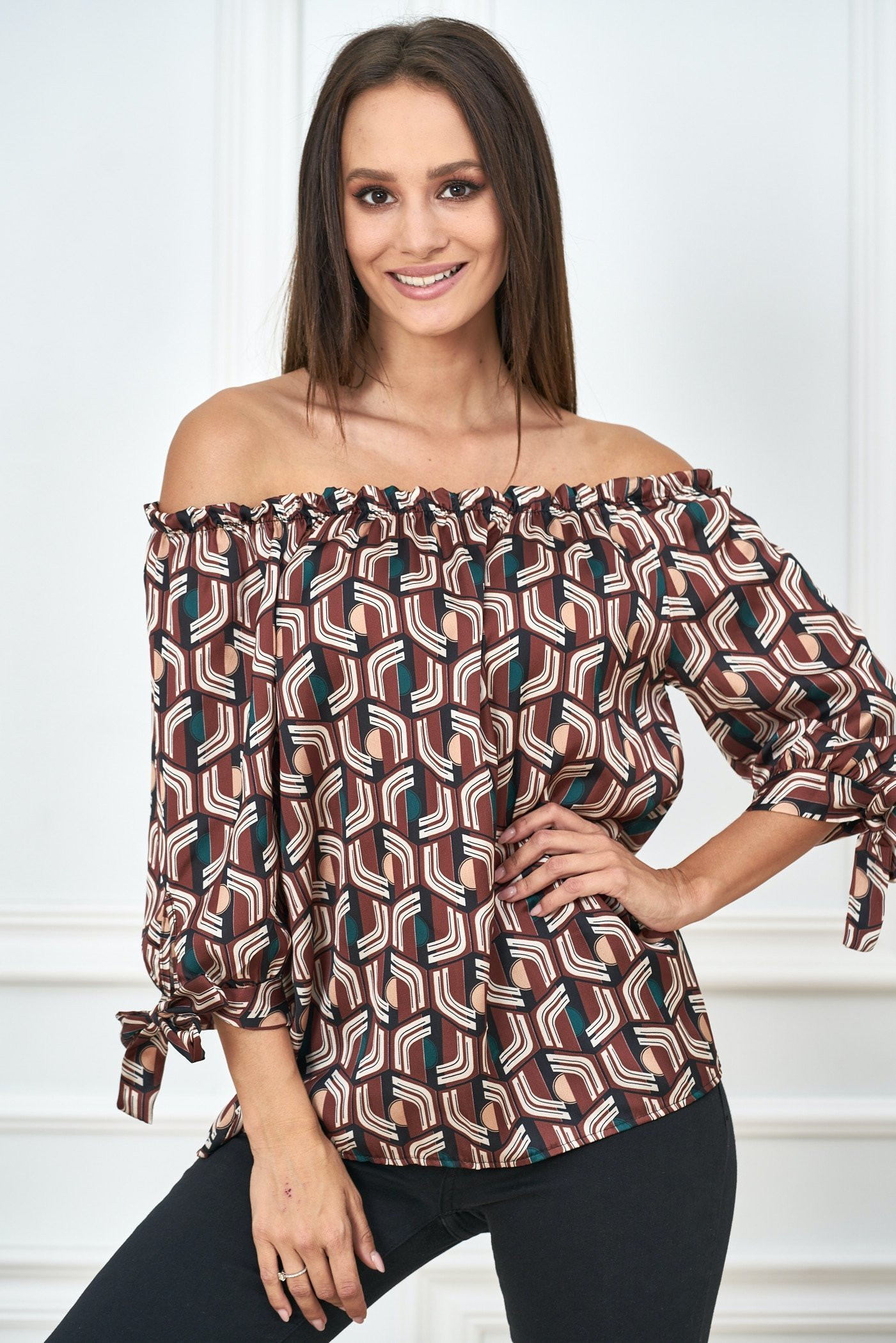 Off Shoulder Satin Blouse Shirt with Retro Print | eBay