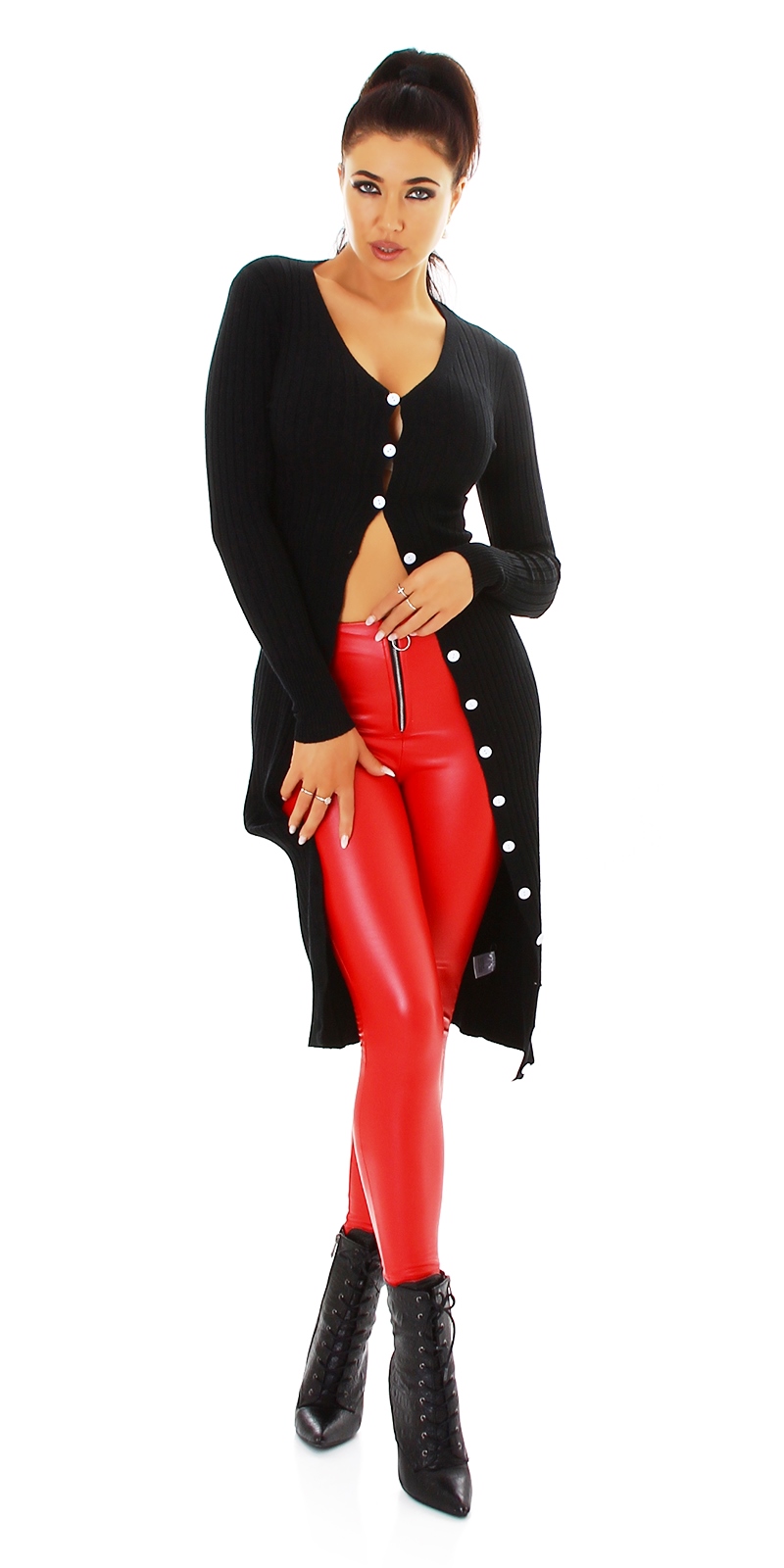V-Neck Rippstrick Langarm Cardigan Minikleid mit Knopfleiste