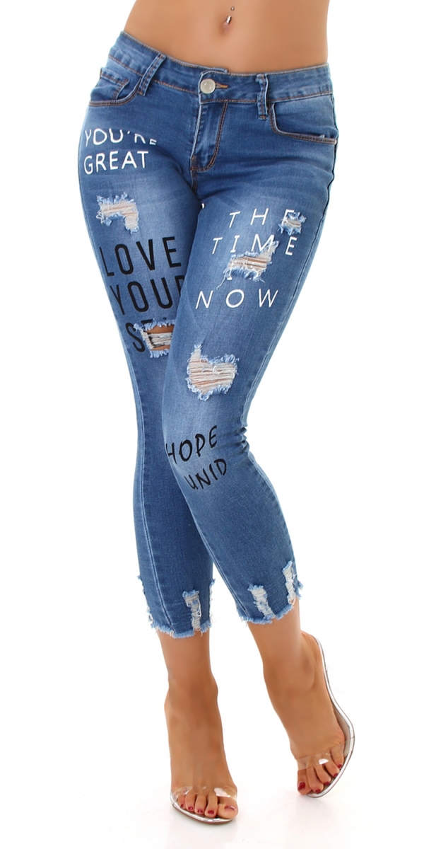 7/8 Skinny Hüft Jeans im Destroyed-Look mit Print