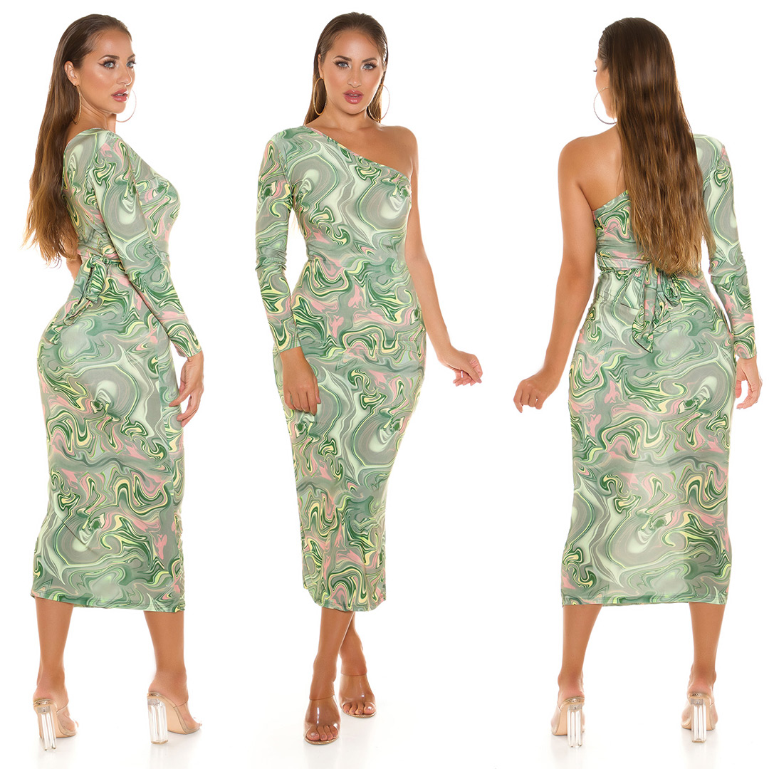 One Shoulder Midi Kleid mit schrägem Dekolleté und Fantasy-Print