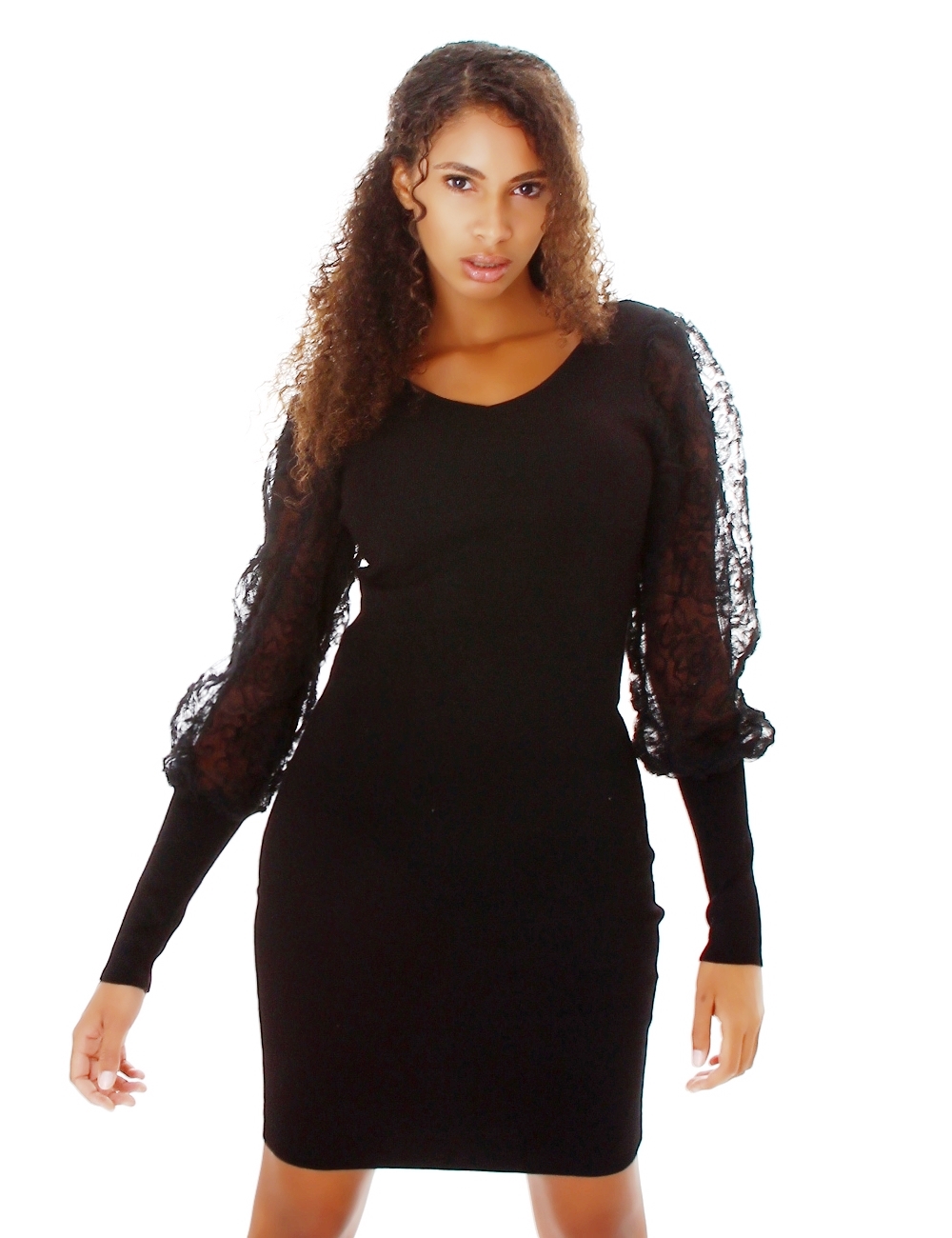 V-Neck Feinripp Midi Strickkleid mit Spitzen Puff-Ärmel