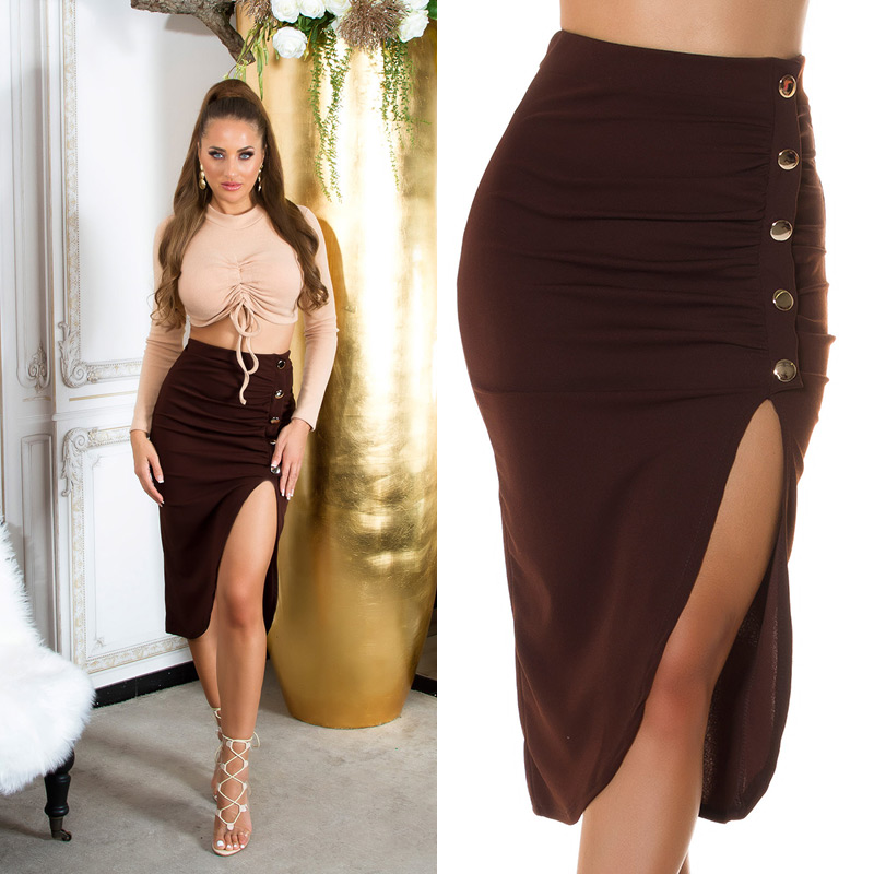 Hot Midi High Waist Rock mit Deko Knöpfe und Beinschlitz