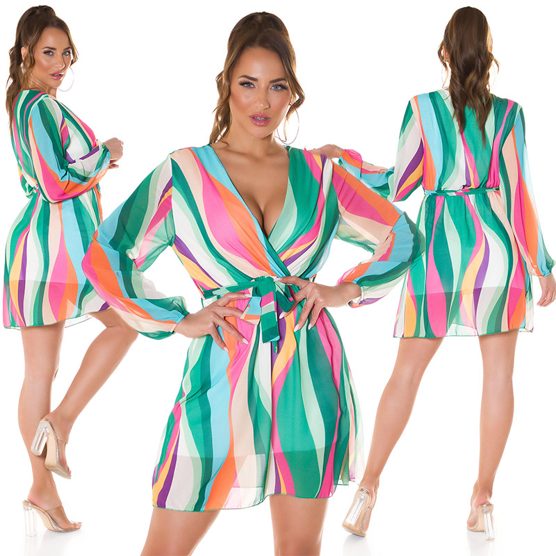 Retro Printed Langarm Minikleid mit Wickel V-Neck und Gürtel