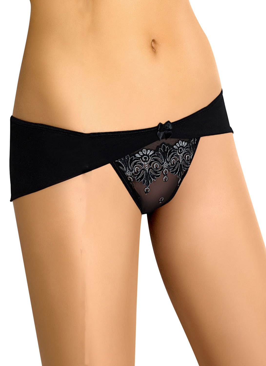 Axami V-5133 schwarzer Slip aus hochwertiger Mikrofaser mit transparentem Tüll und schwarz-silberner Spitze vorne und hinten für einen modernen, edlen Look – Axami