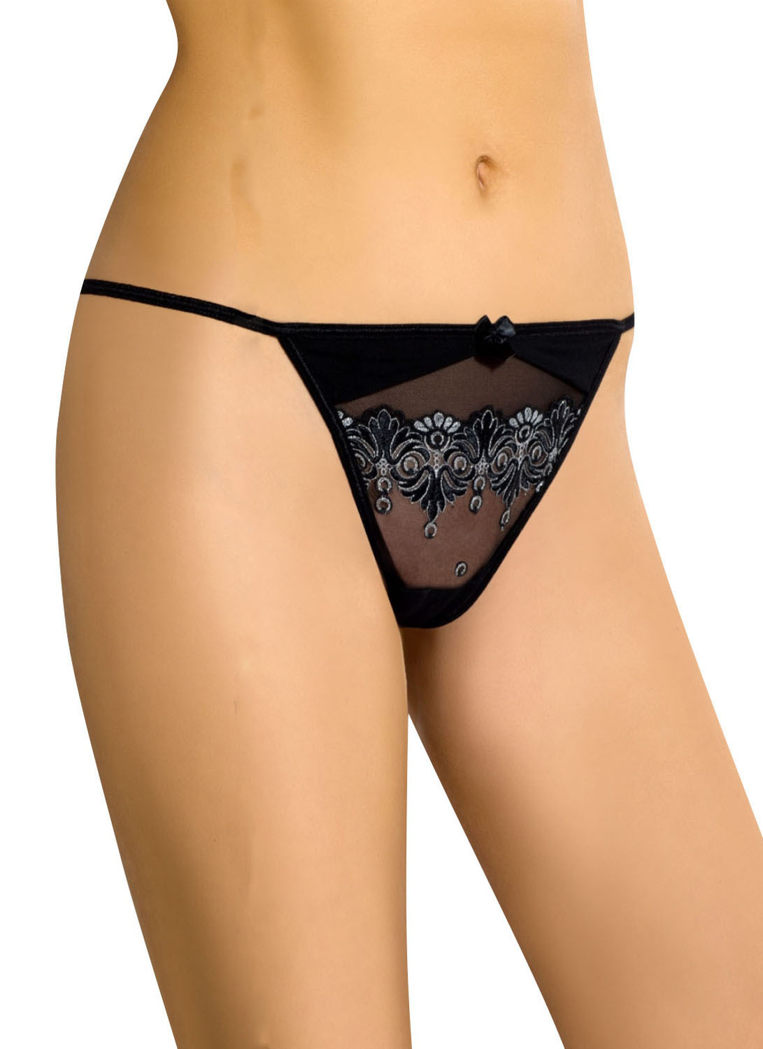 Axami V-5138 schwarzer String aus transparentem, fein verziertem Tüll mit dekorativer Schleife vorne  leichtes Design mit moderner, hochwertiger Ausstrahlung – Axami