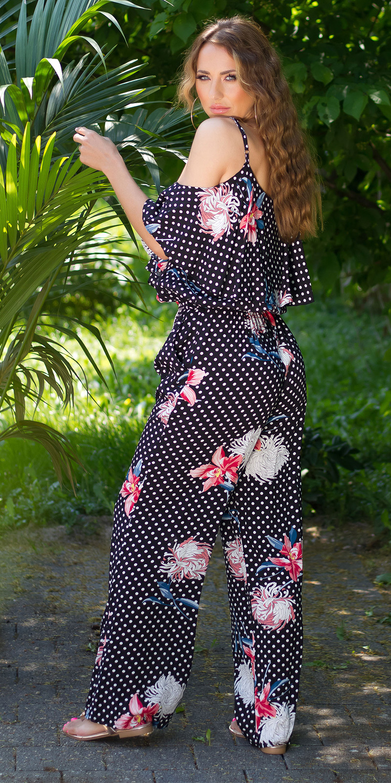 Marlene Maxi Viskose Jumpsuit im Cold Shoulder-Style mit Pünktchen und Flower - Bild 10 von 22