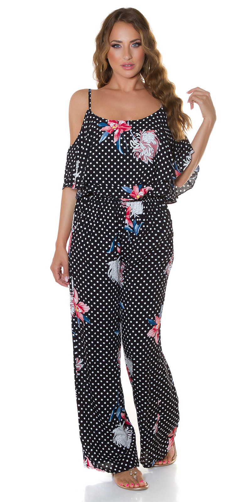 Marlene Maxi Viskose Jumpsuit im Cold Shoulder-Style mit Pünktchen und Flower - Bild 11 von 22