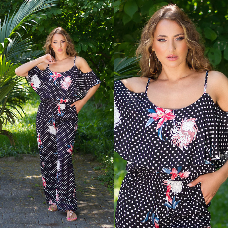 Marlene Maxi Viskose Jumpsuit im Cold Shoulder-Style mit Pünktchen und Flower - Bild 13 von 22