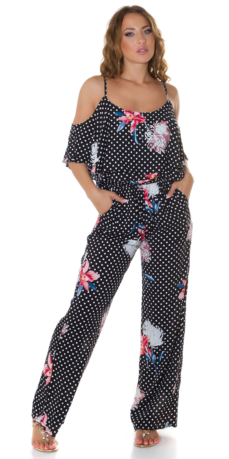 Marlene Maxi Viskose Jumpsuit im Cold Shoulder-Style mit Pünktchen und Flower - Bild 15 von 22