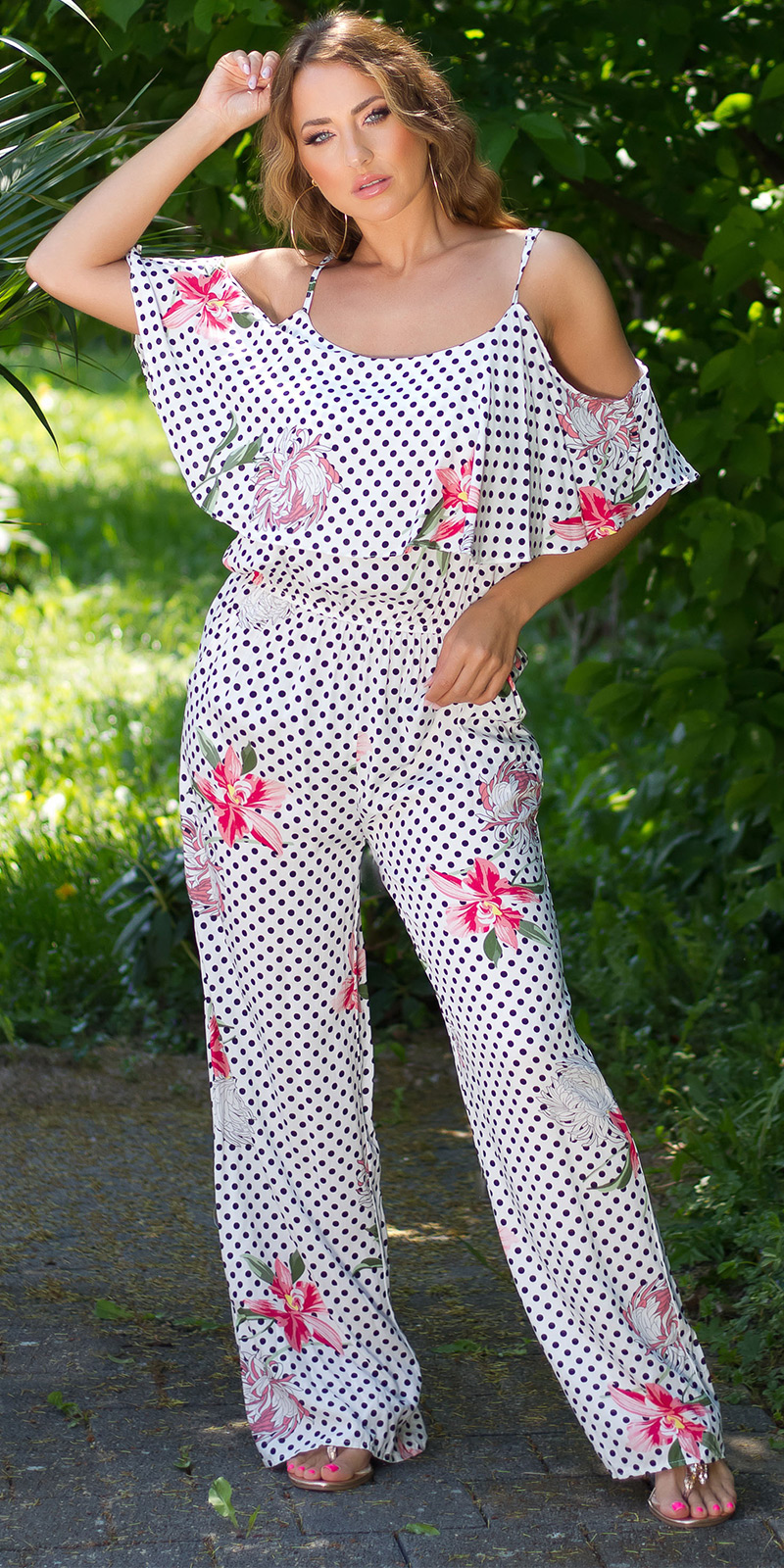 Marlene Maxi Viskose Jumpsuit im Cold Shoulder-Style mit Pünktchen und Flower - Bild 16 von 22