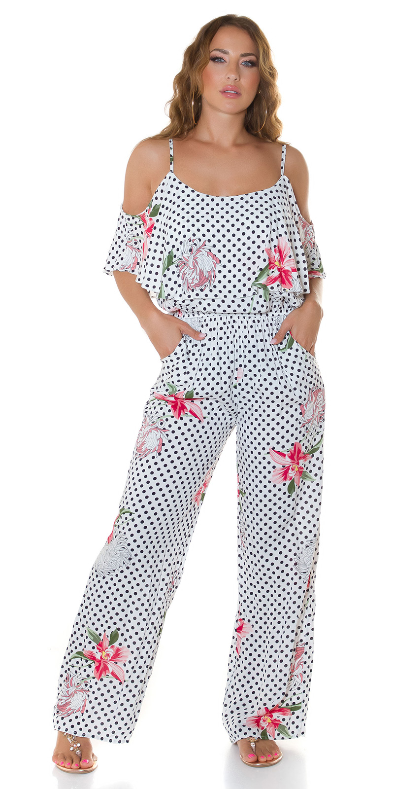 Marlene Maxi Viskose Jumpsuit im Cold Shoulder-Style mit Pünktchen und Flower - Bild 18 von 22