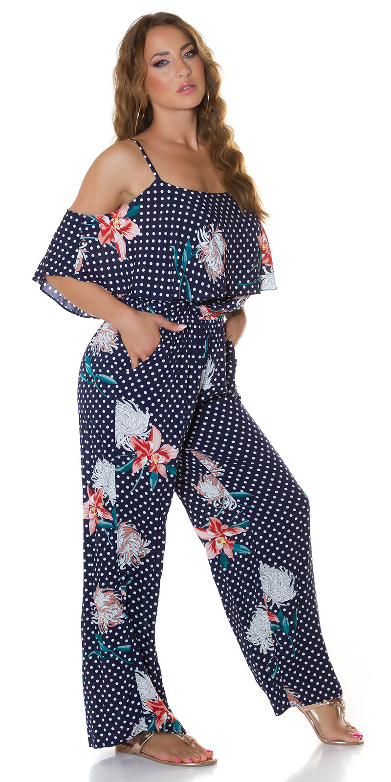 Marlene Maxi Viskose Jumpsuit im Cold Shoulder-Style mit Pünktchen und Flower - Bild 7 von 22