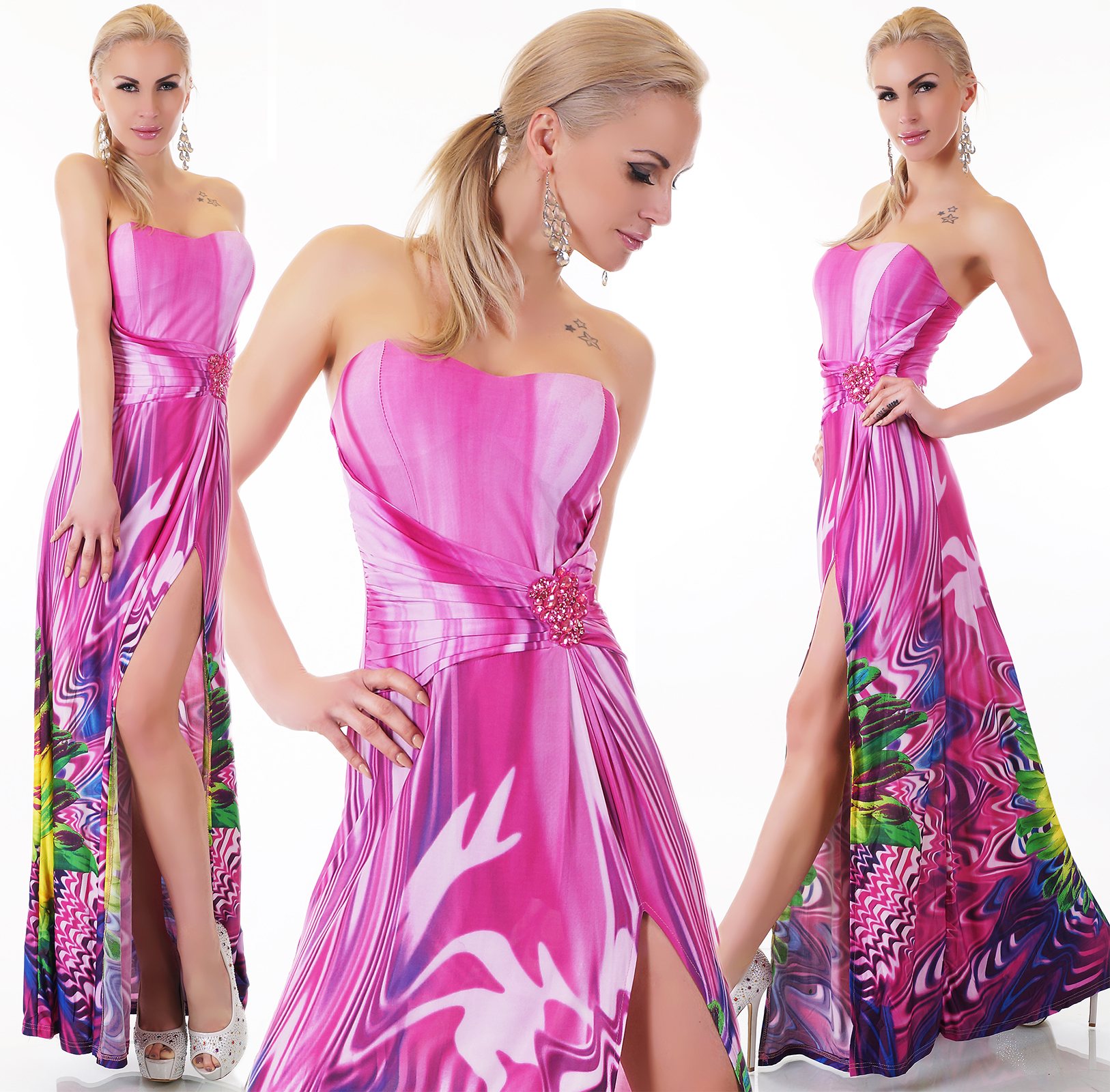 Cocktail Maxi Bandeau Kleid mit Deko Strass und Bein-Schlitz
