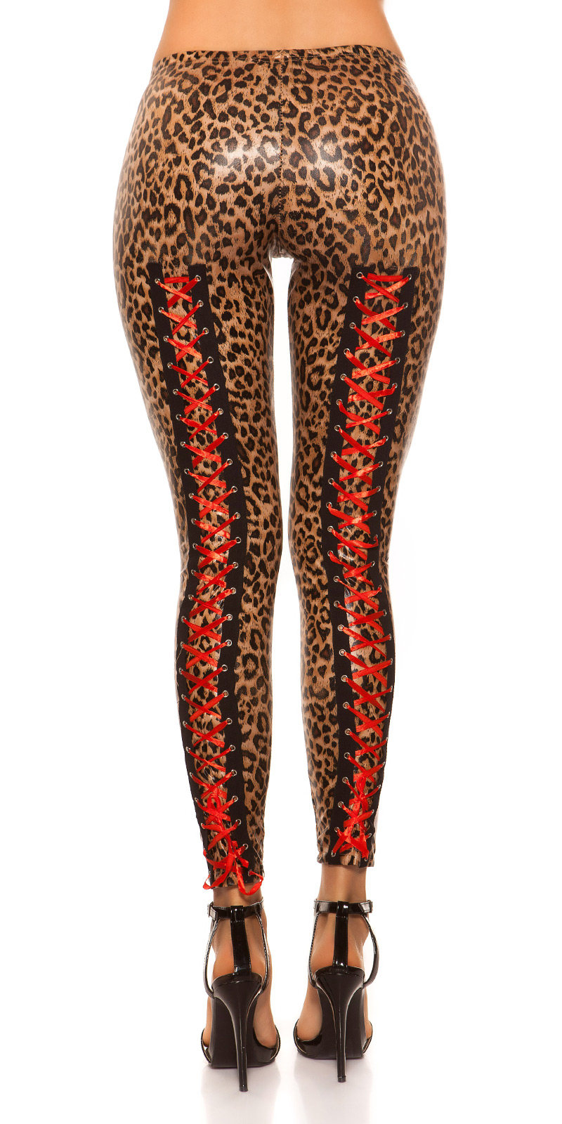 Koucla knallenge Leggings aus glänzendem Stretch mit roter Corsagen-Zier-Schnürung hinten und elastischem Hüftbund für markante, figurbetonte Styles – KouCla