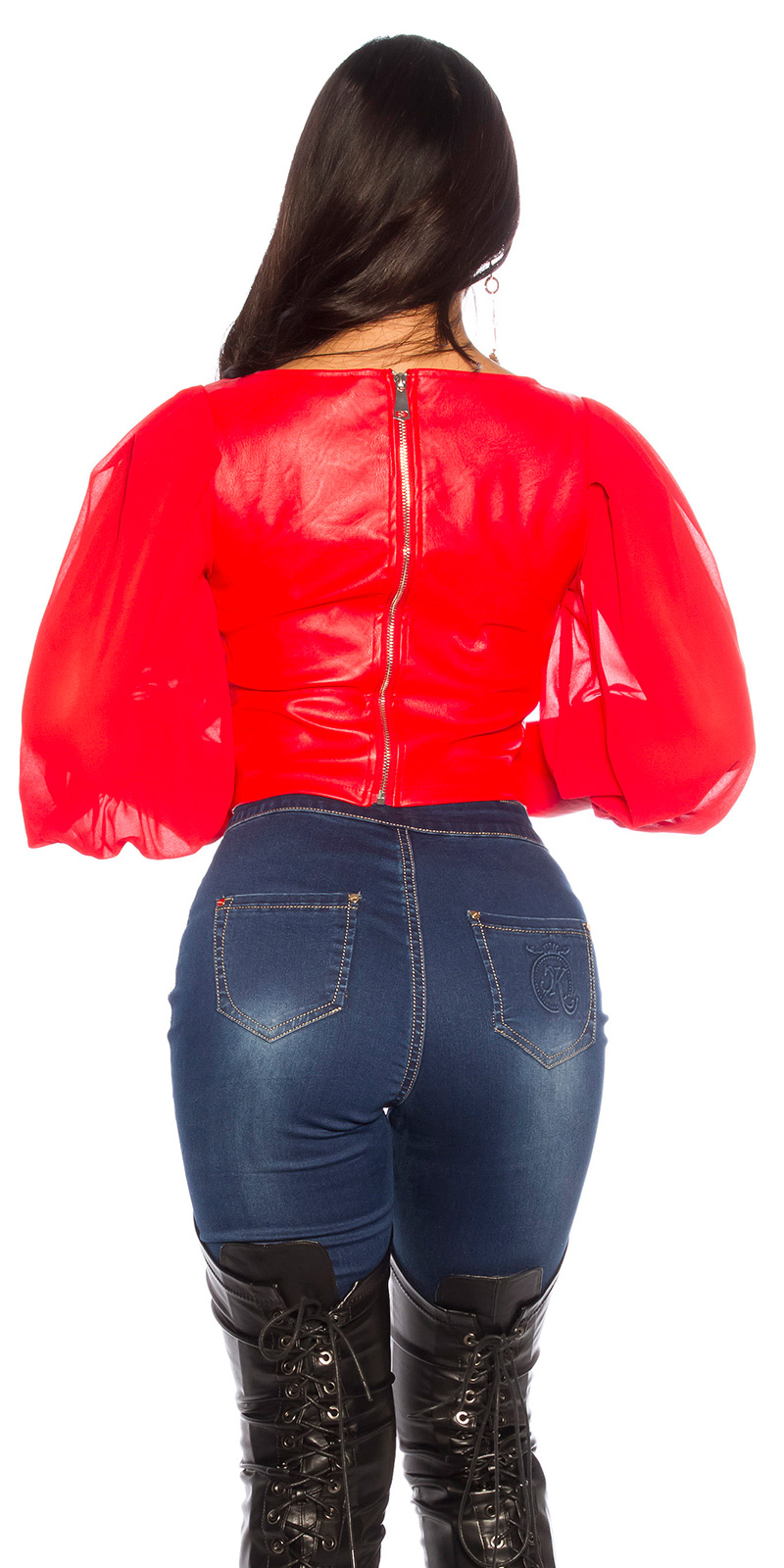 Hot Kunstleder Zipper Blusen Top mit Ballon-Ärmel