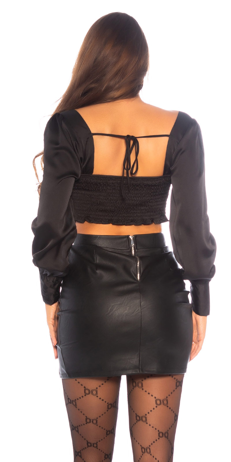 Glamour Satin Crop Bluse Top mit langen Puff-Ärmel