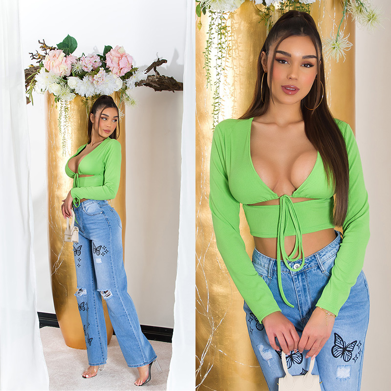 V-Neck Langarm Crop Top mit Deko Schnürung und Cutout