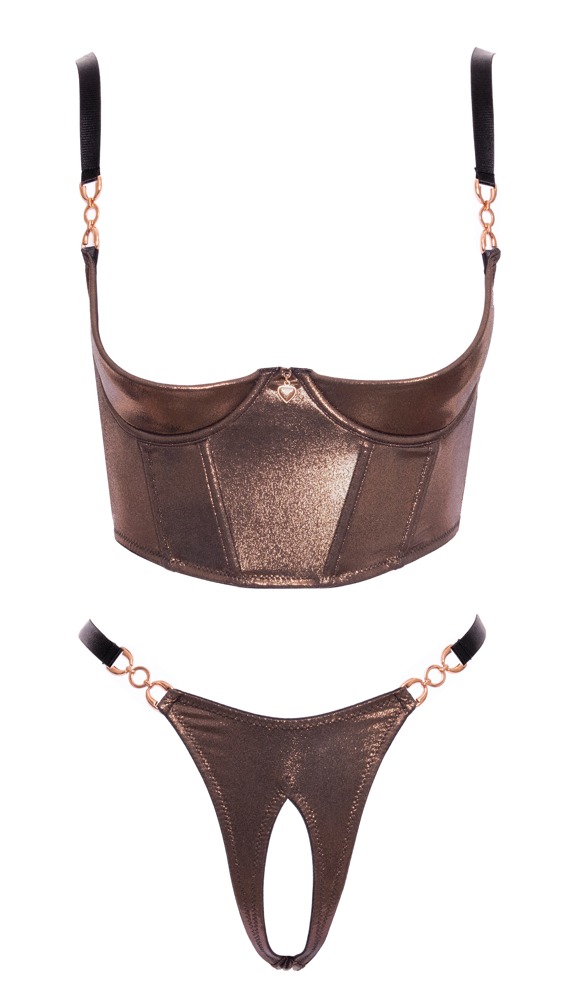 Ouvert-Set mit Hebe-BH und Riostring in bronzegoldenem Schimmer-Look - Bild 7 von 8