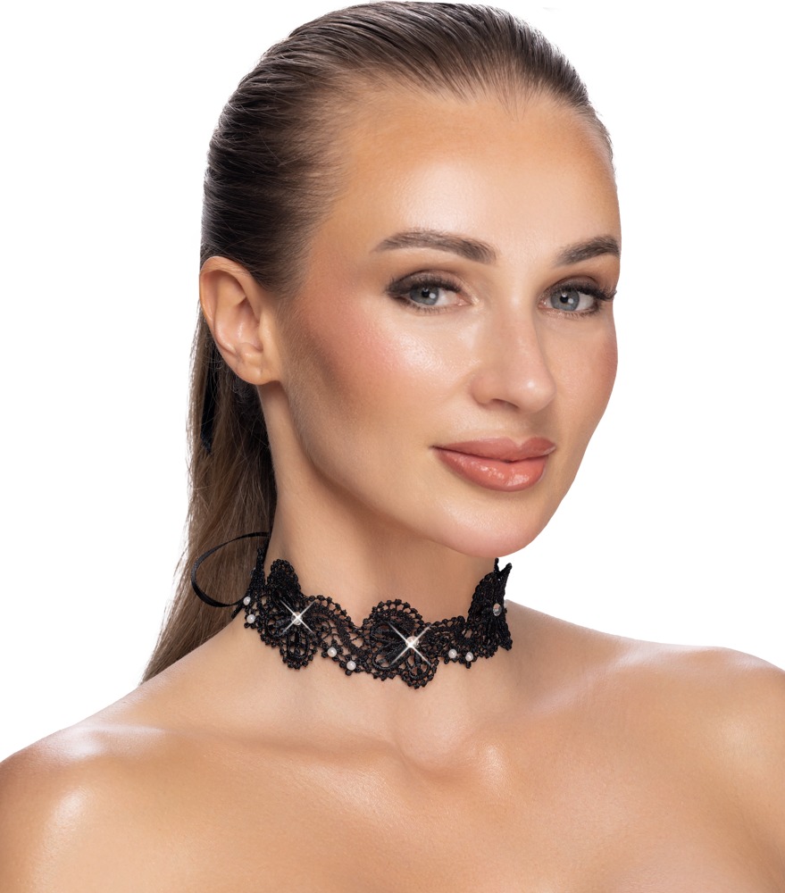 Stickerei-Halsband in schwarzer Spitzenoptik mit Perlen und Glitzersteinchen, weich, anschmiegsam und mit Satin-Bindeschleife im Nacken von Obsessive – Cottelli ACCESSOIRES