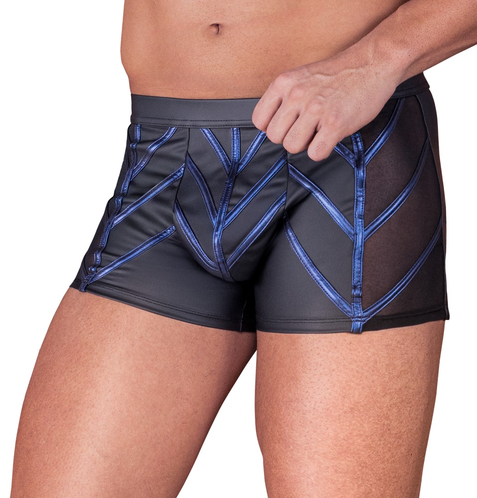 Betonende Pants von NEK im schwarzen Mattlook mit blauen Metallic-Streifen, seitlichen Netz-Einsätzen und sexy enganliegendem Schnitt für einen markanten, maskulinen Style voller Ausstrahlung – NEK