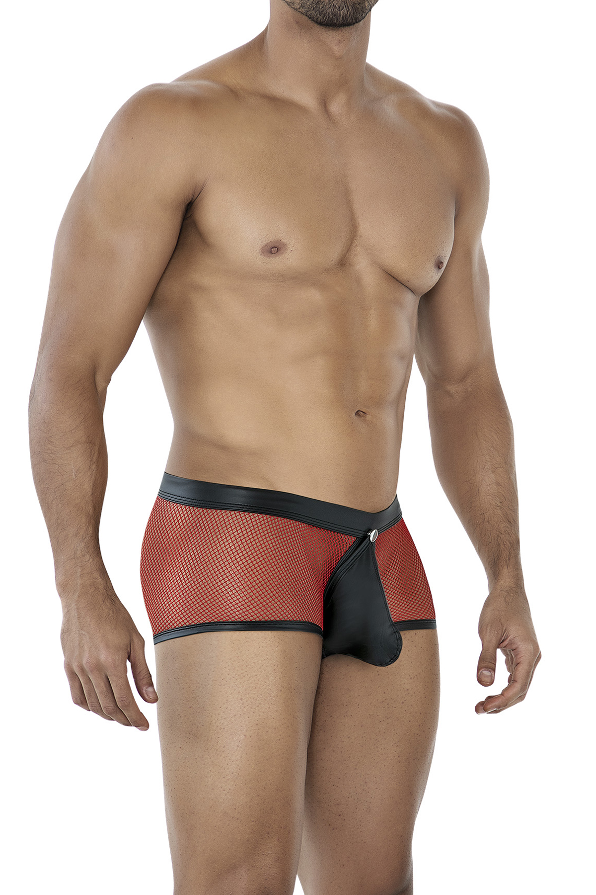 Roter Schwarzer Trunk Shorts C4MRAV100 aus dehnbarem Netz und glattem Material mit abnehmbaren Suspensorium durch Druckknöpfe und gummiertem Frontlogo von CUT4MEN – CUT4MEN