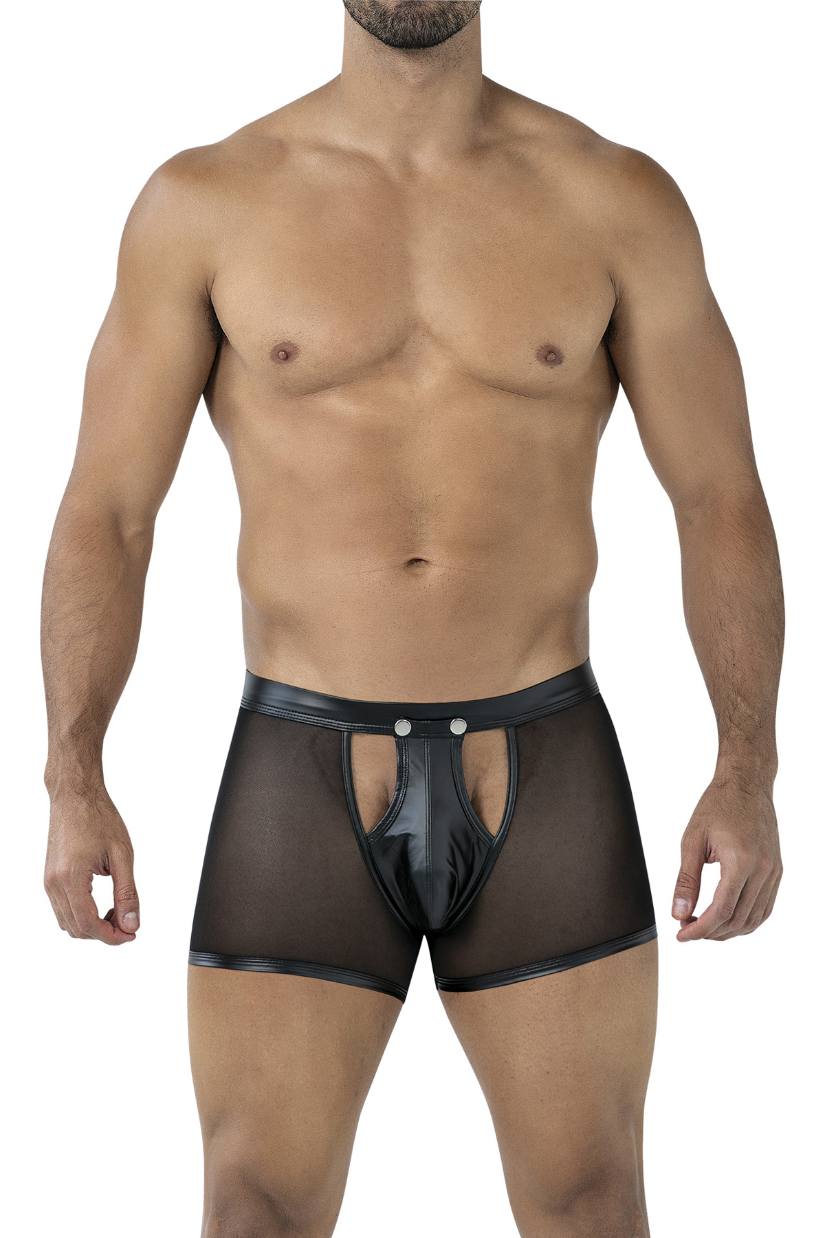 Schwarzer Sheer Boxer C4MRAV101 aus dehnbarem Netz und glattem Material mit aufklappbarem Suspensorium und gummiertem Frontlogo von CUT4MEN – CUT4MEN