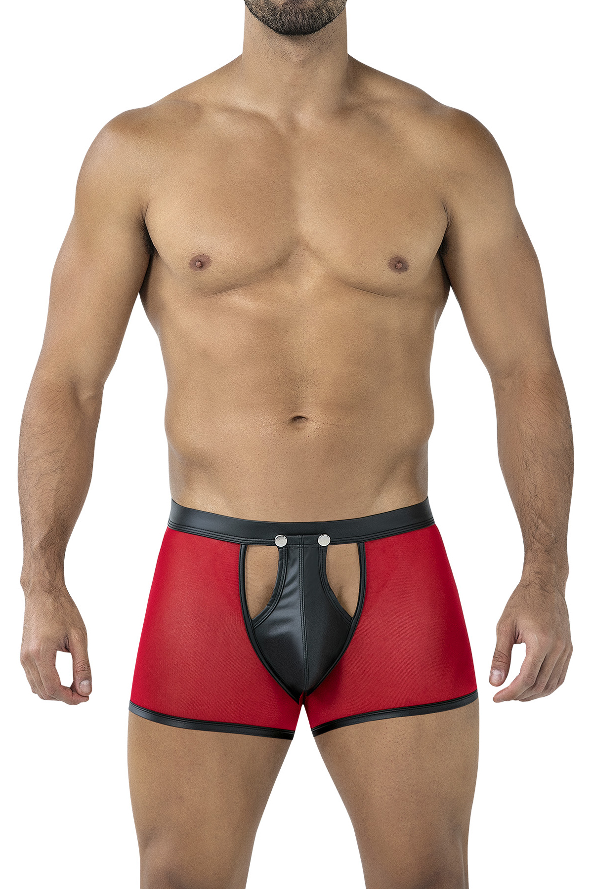 Roter Sheer Boxer C4MRAV101 aus feinem dehnbarem Netz mit glattem Bund und aufklappbarem Suspensorium durch Druckknöpfe von CUT4MEN – CUT4MEN